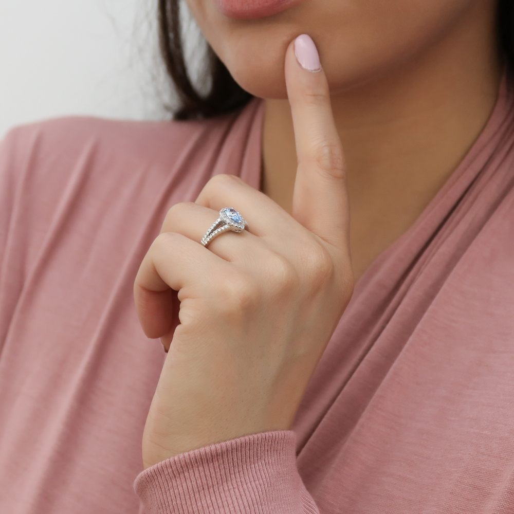 Halo Wishbone Blue CZ Split Shank Ring Set in Sterling Silver