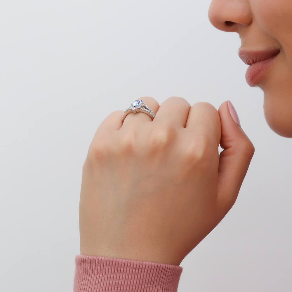Model wearing Halo Wishbone Blue CZ Split Shank Ring Set in Sterling Silver, 3 of 11