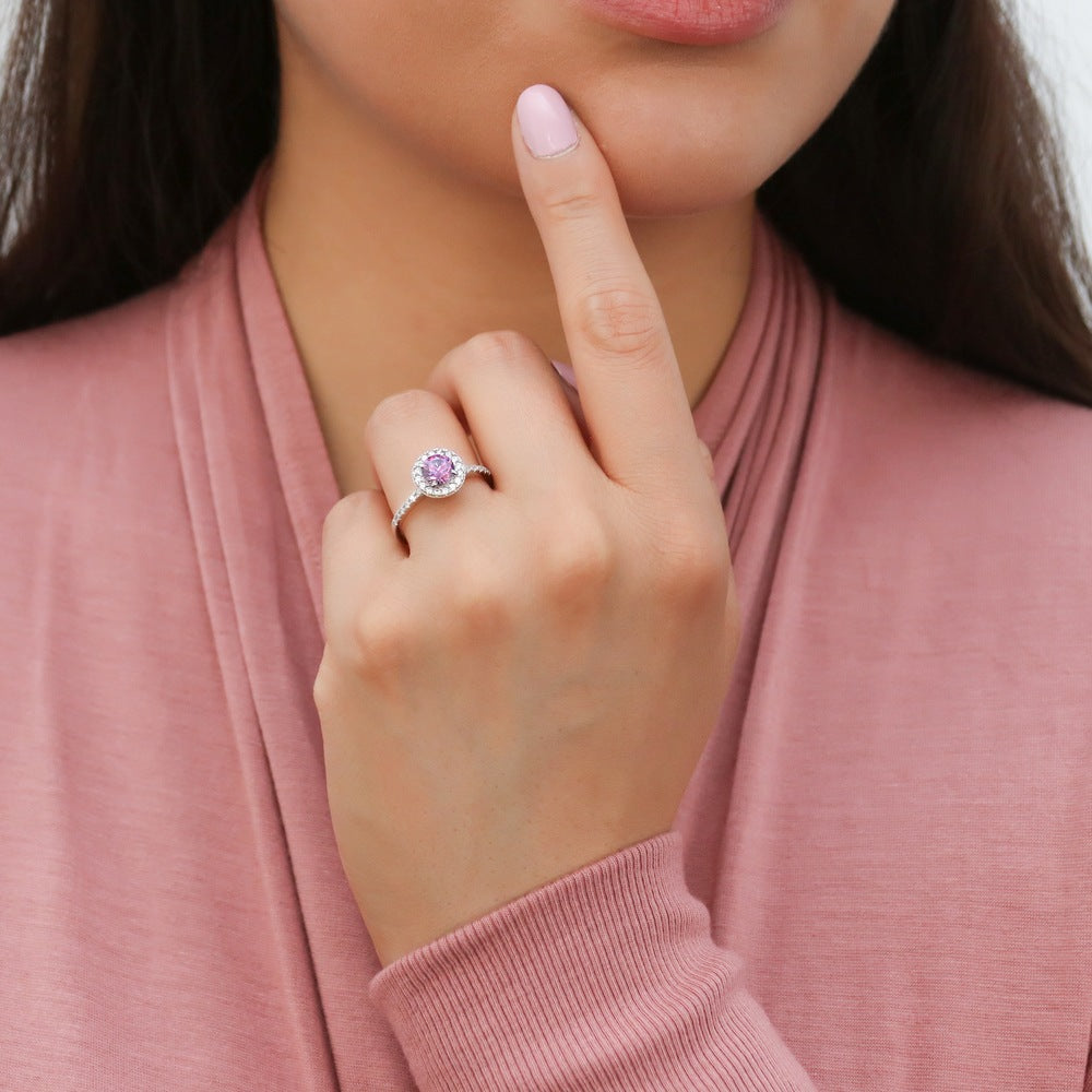 Model wearing Halo Purple CZ Ring in Sterling Silver, 3 of 8