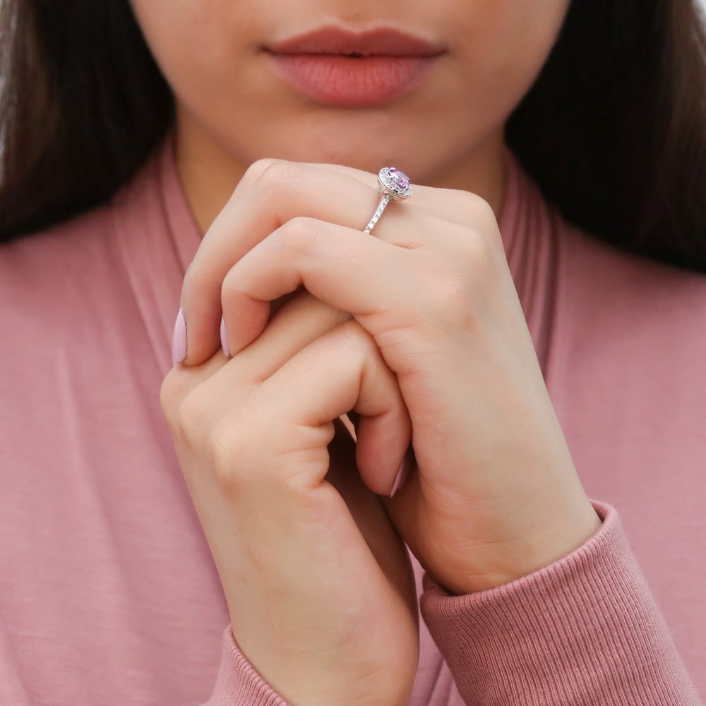 Model wearing Halo Purple CZ Ring in Sterling Silver, 7 of 8