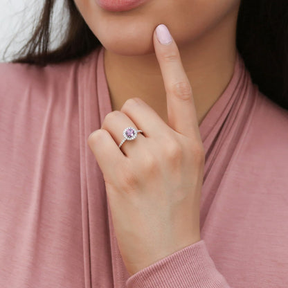 Halo Purple CZ Ring in Sterling Silver