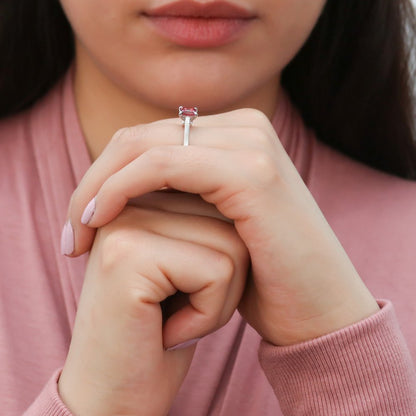 Solitaire Wishbone Red Princess CZ Ring Set in Sterling Silver