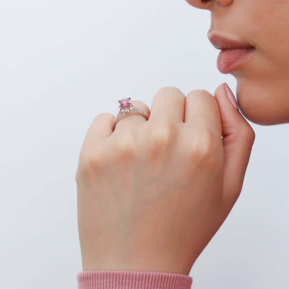 Solitaire Wishbone Red Princess CZ Ring Set in Sterling Silver