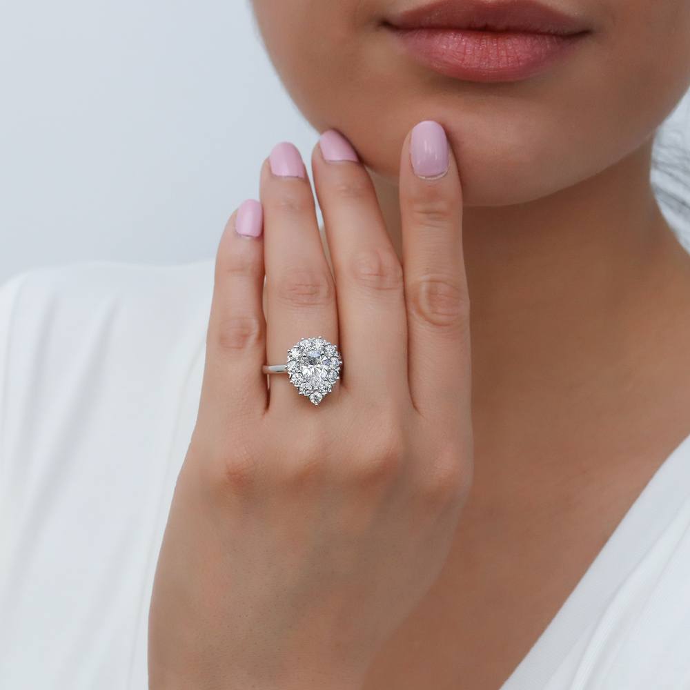 Model wearing Halo Milgrain Art Deco Pear CZ Ring Set in Sterling Silver, 12 of 19