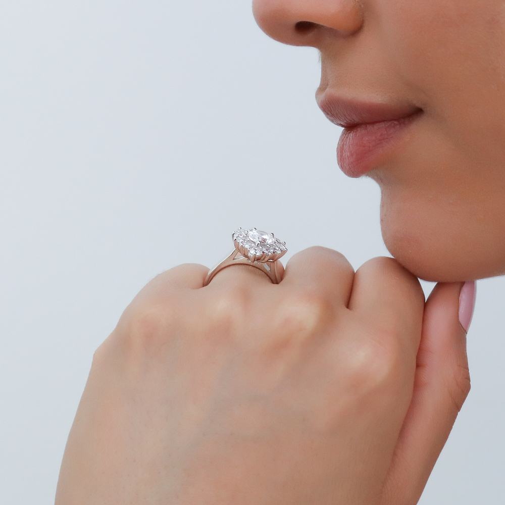 Model wearing Halo Milgrain Art Deco Pear CZ Ring Set in Sterling Silver, 16 of 19
