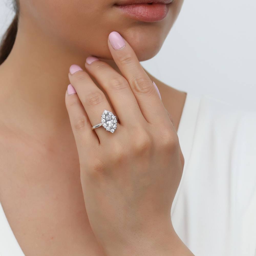 Model wearing Navette Halo Art Deco CZ Ring in Sterling Silver, 3 of 8