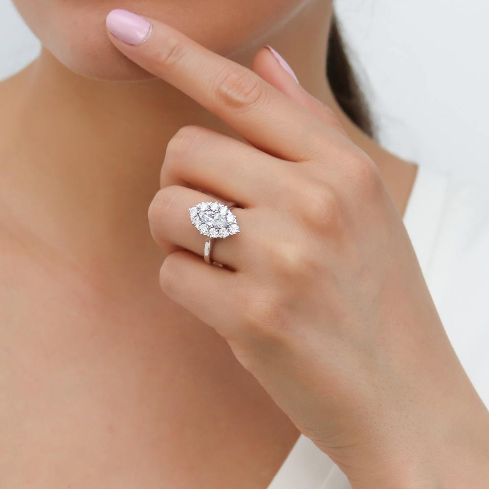 Model wearing Navette Halo CZ Ring in Sterling Silver, 2 of 8