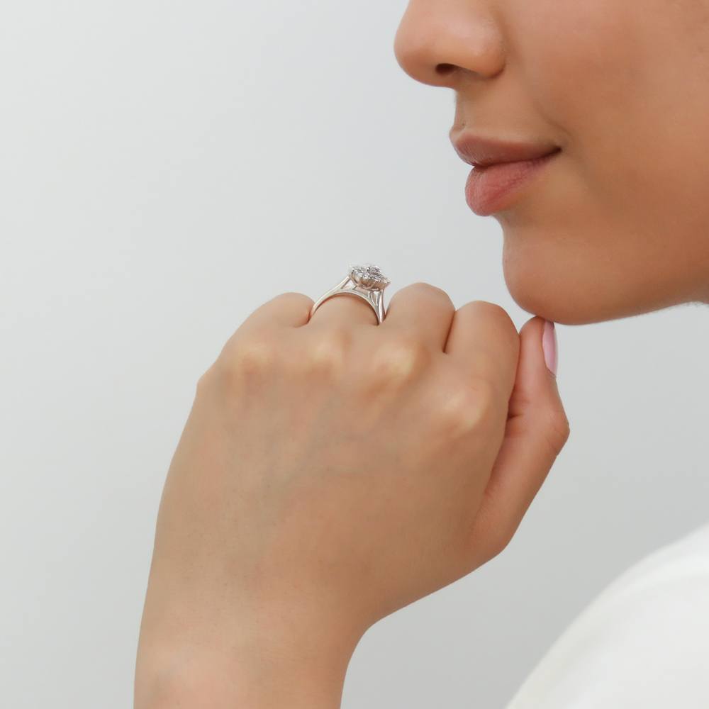 Model wearing Navette Halo CZ Ring in Sterling Silver, 6 of 8