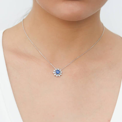 Graduated Flower Milgrain Blue CZ Necklace Set in Sterling Silver