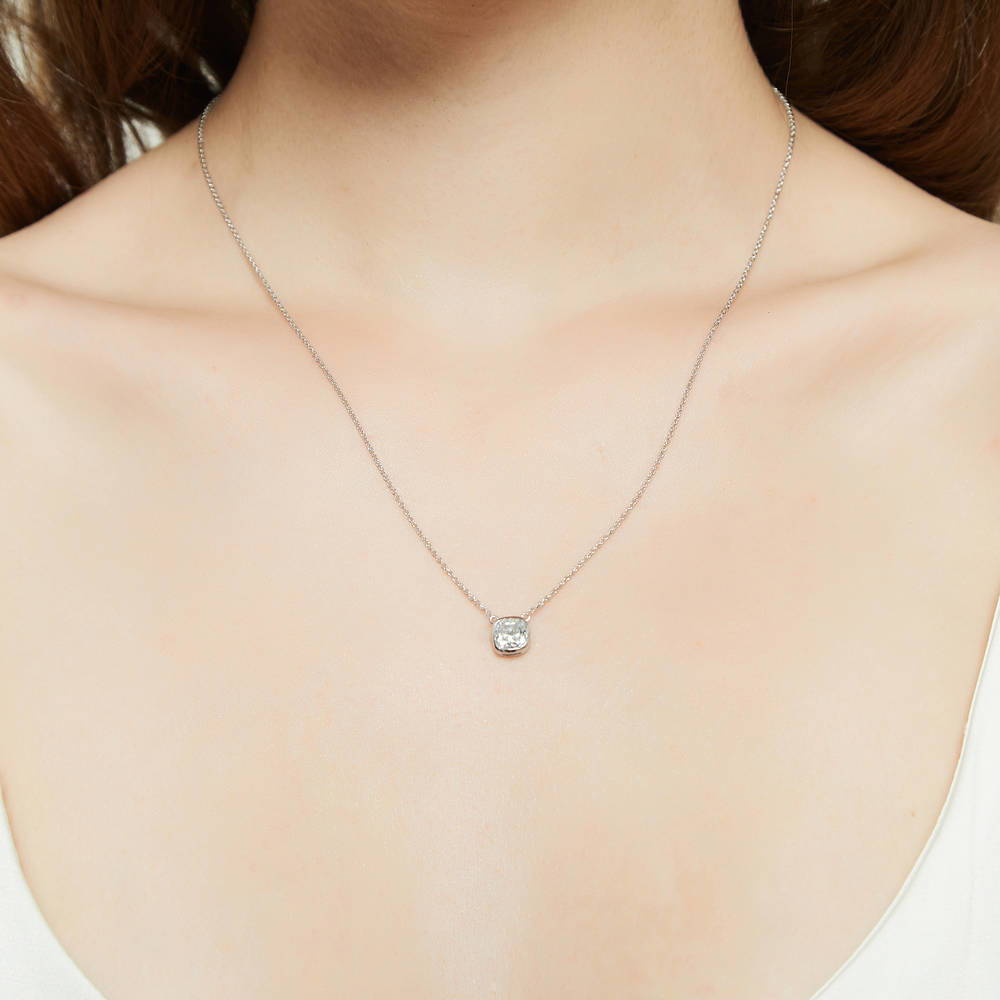 Solitaire 1.25ct Bezel Cushion CZ Necklace in Sterling Silver