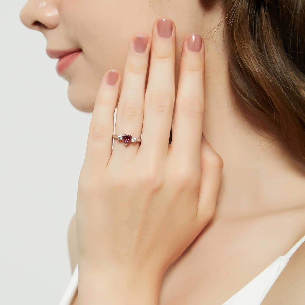 3-Stone Heart 0.7ct Red Heart CZ Ring Set in Sterling Silver