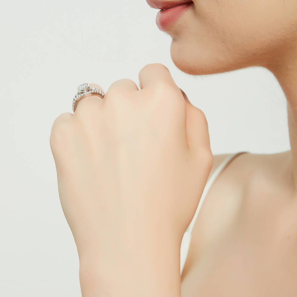 Model wearing Wishbone CZ Eternity Ring in Sterling Silver, 13 of 17