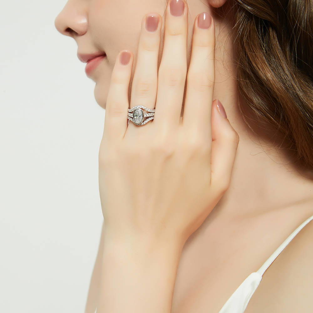 Model wearing Wishbone CZ Eternity Ring in Sterling Silver, 15 of 17