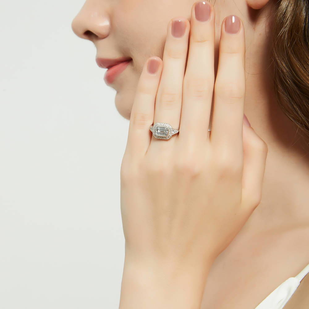Model wearing Halo East-West Art Deco Milgrain CZ Ring in Sterling Silver, 5 of 9