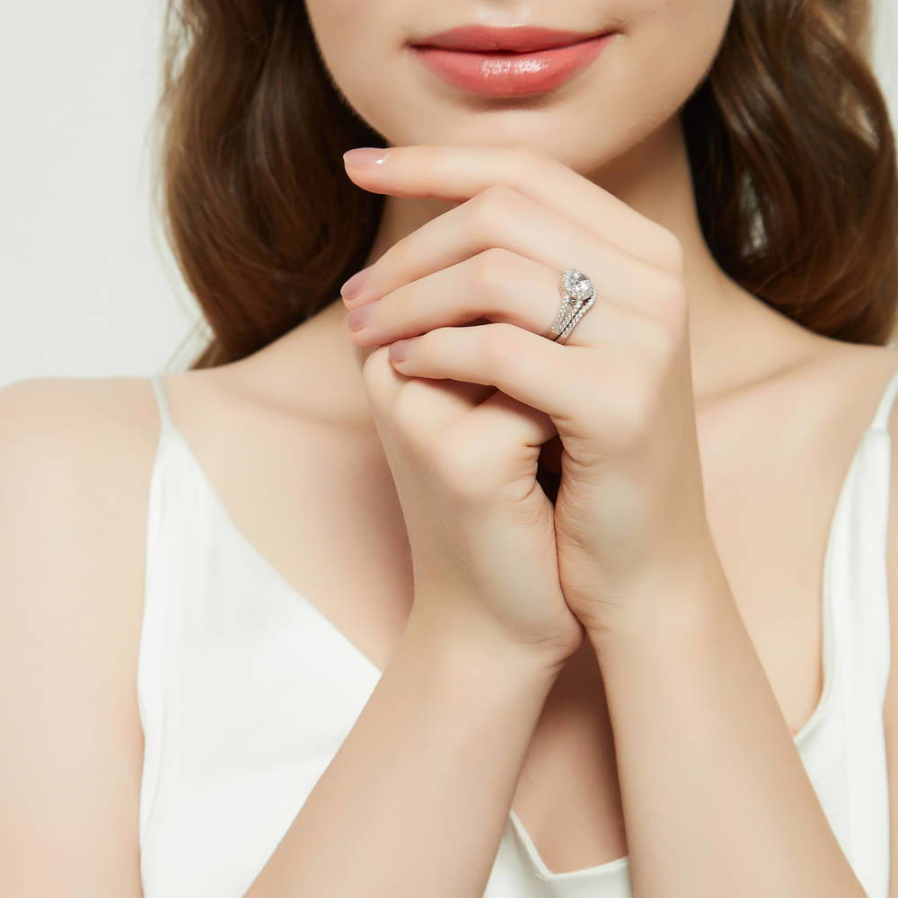 Model wearing Halo Wishbone CZ Split Shank Ring Set in Sterling Silver, 6 of 18