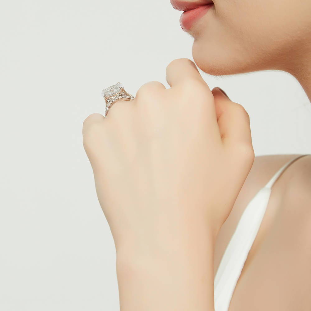 Model wearing Solitaire Art Deco East-West Oval CZ Ring Set in Sterling Silver, 10 of 19