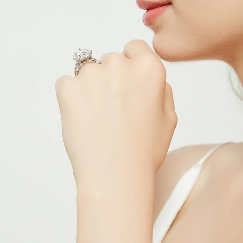 Model wearing Halo Milgrain Art Deco Pear CZ Ring Set in Sterling Silver, 10 of 19