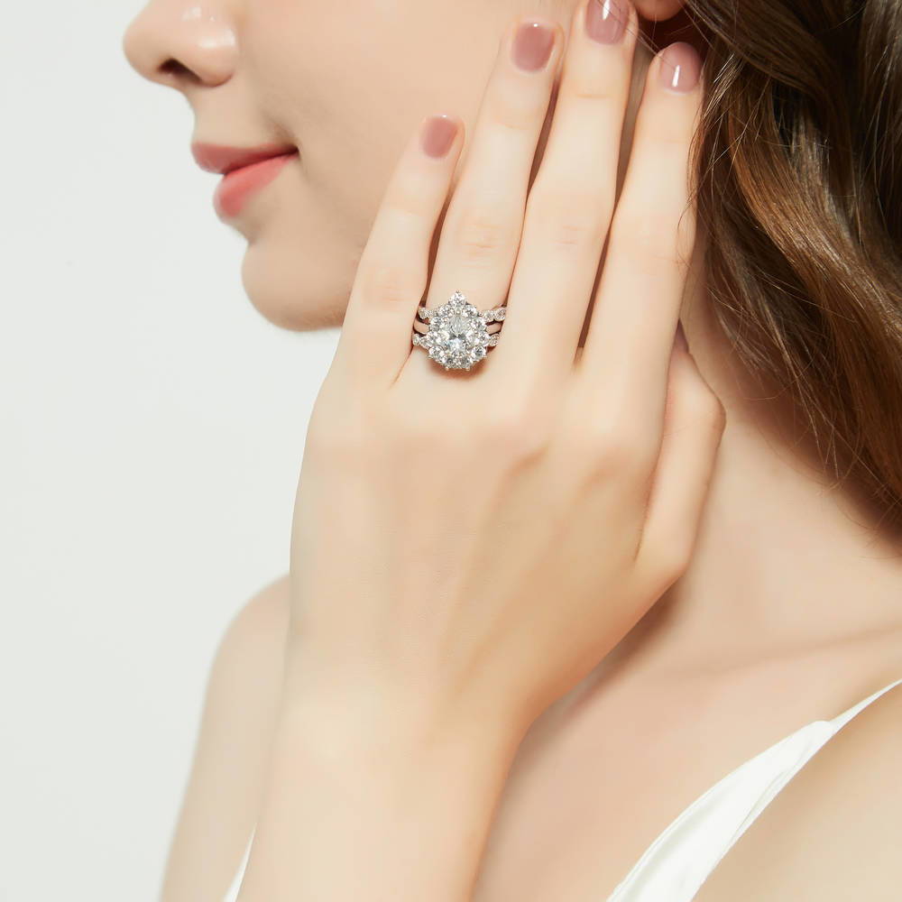 Model wearing Halo Milgrain Art Deco Pear CZ Ring Set in Sterling Silver, 6 of 19