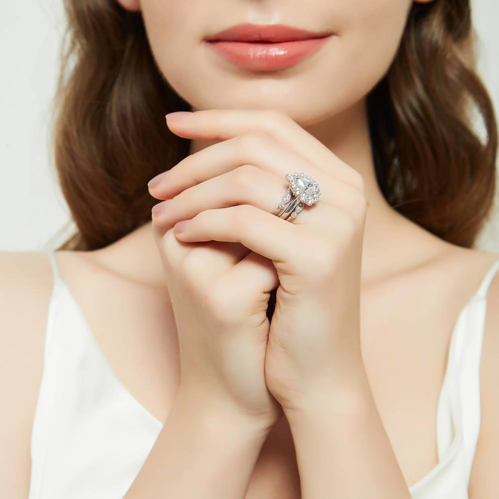 Halo Milgrain Art Deco Pear CZ Ring Set in Sterling Silver