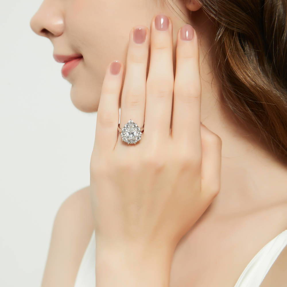 Model wearing Halo Milgrain Art Deco Pear CZ Ring Set in Sterling Silver, 11 of 19
