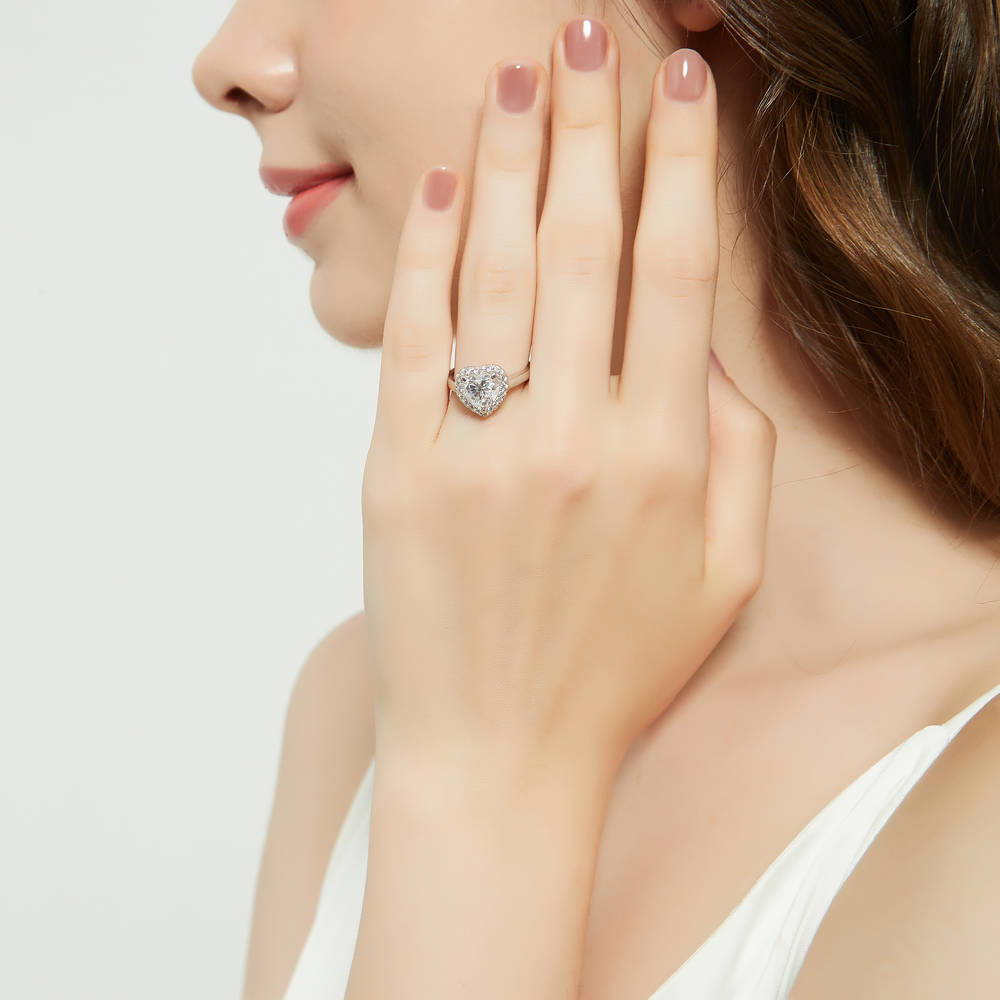 Halo Heart CZ Ring Set in Sterling Silver