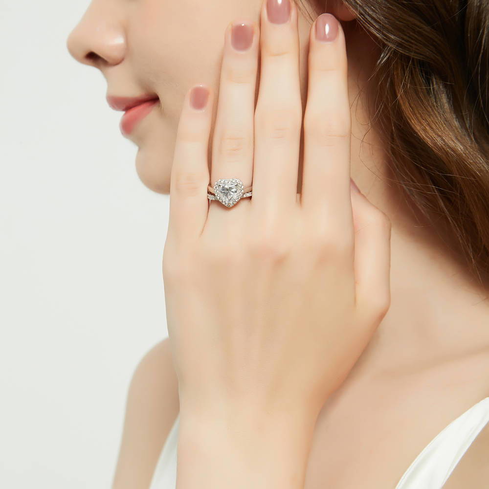 Halo Heart CZ Ring Set in Sterling Silver