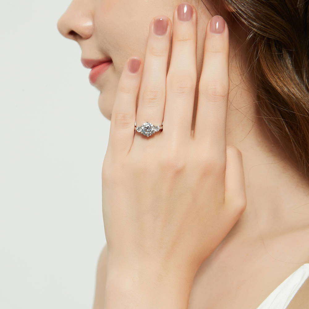 Model wearing 3-Stone 2ct CZ Ring in Sterling Silver, 3 of 11