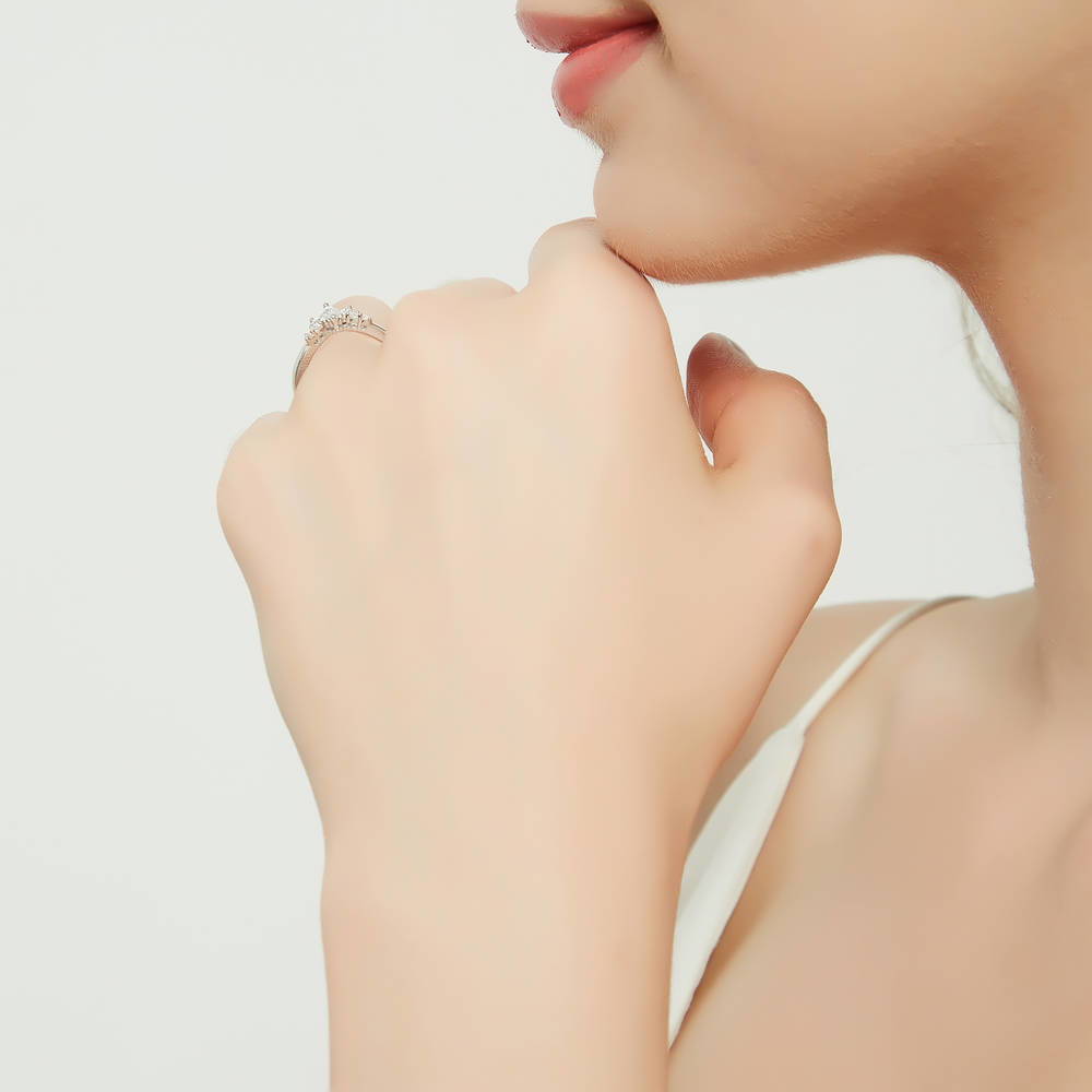 Model wearing Flower 7-Stone Wishbone CZ Band in Sterling Silver, 9 of 9