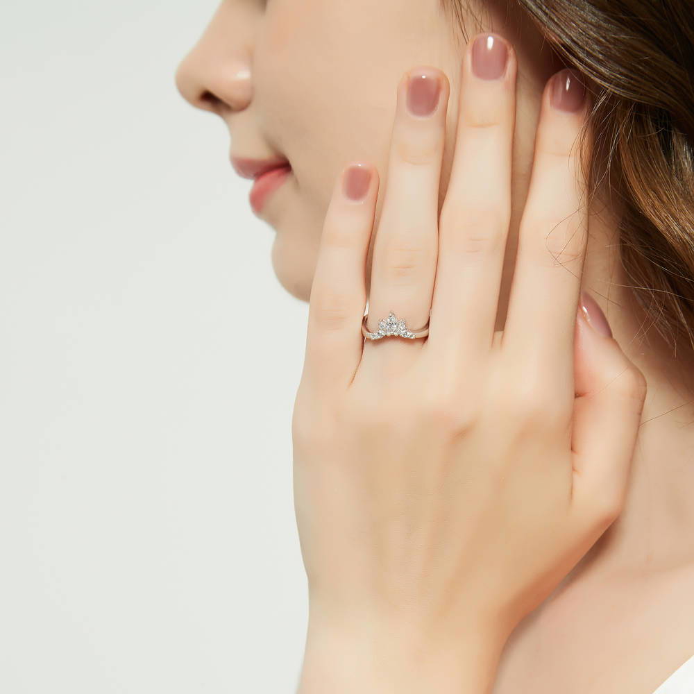 Model wearing Flower 7-Stone CZ Curved Band in Sterling Silver, 5 of 8