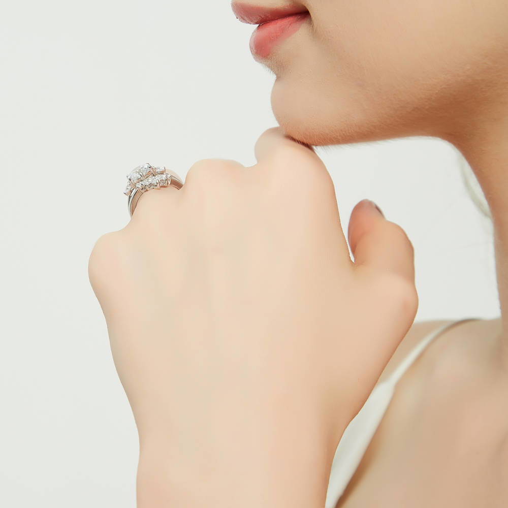3-Stone Flower 7-Stone Wishbone CZ Ring Set in Sterling Silver