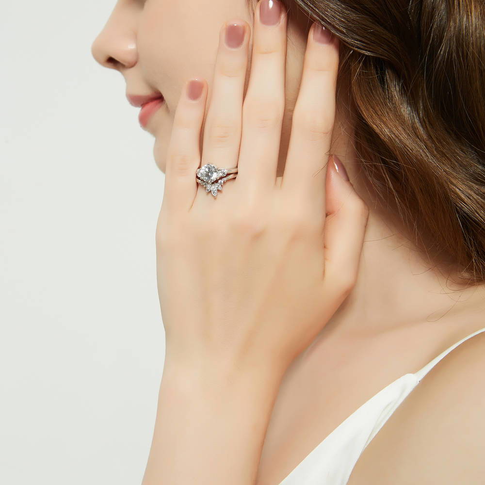 3-Stone Flower 7-Stone Wishbone CZ Ring Set in Sterling Silver