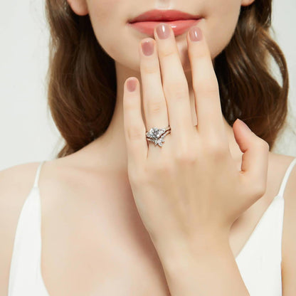 3-Stone Flower 7-Stone Wishbone CZ Ring Set in Sterling Silver