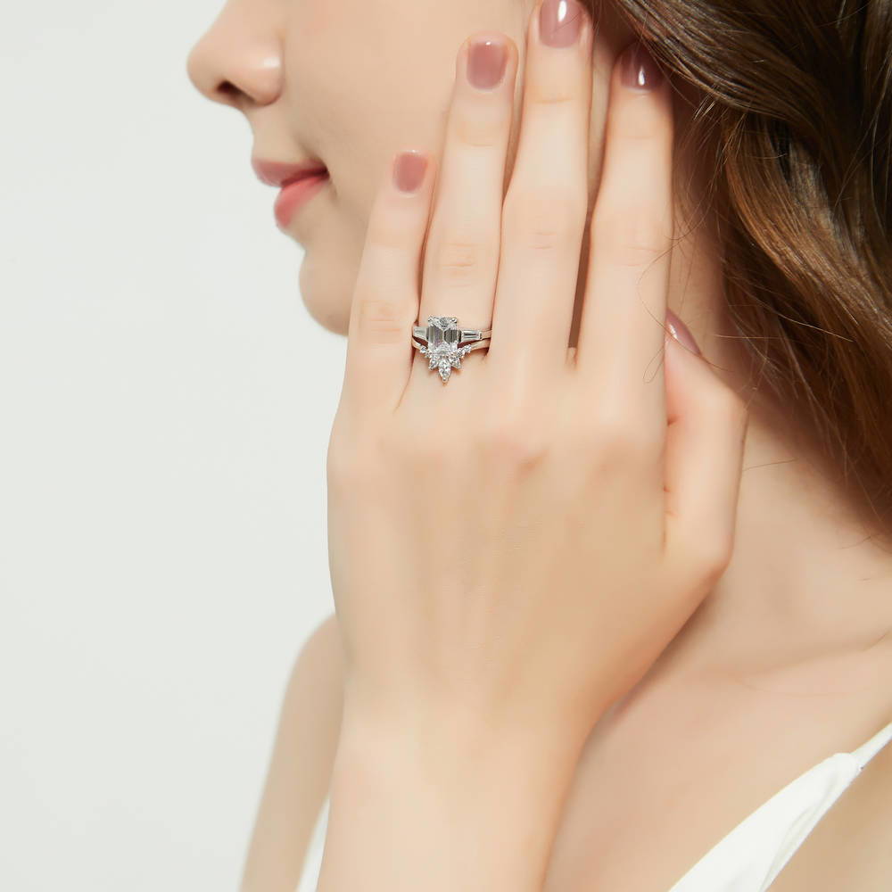 Model wearing 3-Stone Flower 7-Stone Wishbone CZ Ring Set in Sterling Silver, 6 of 19