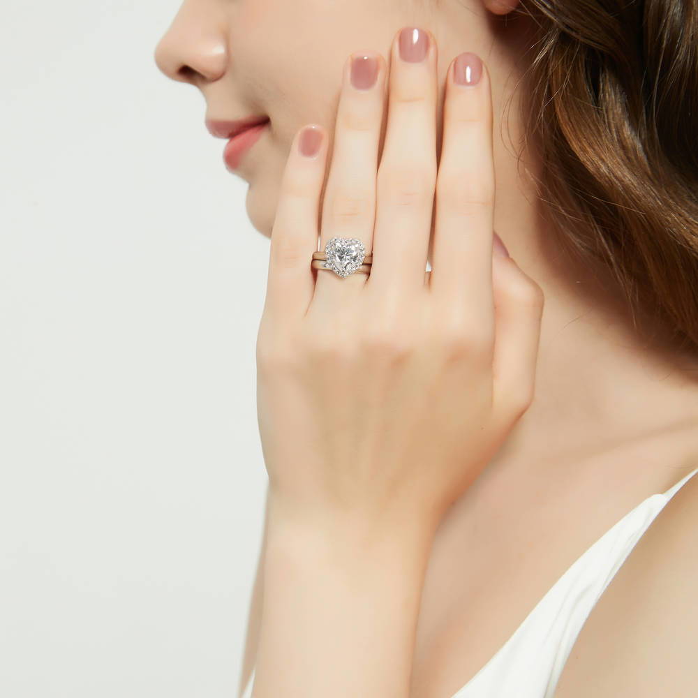 Halo Heart CZ Ring Set in Sterling Silver