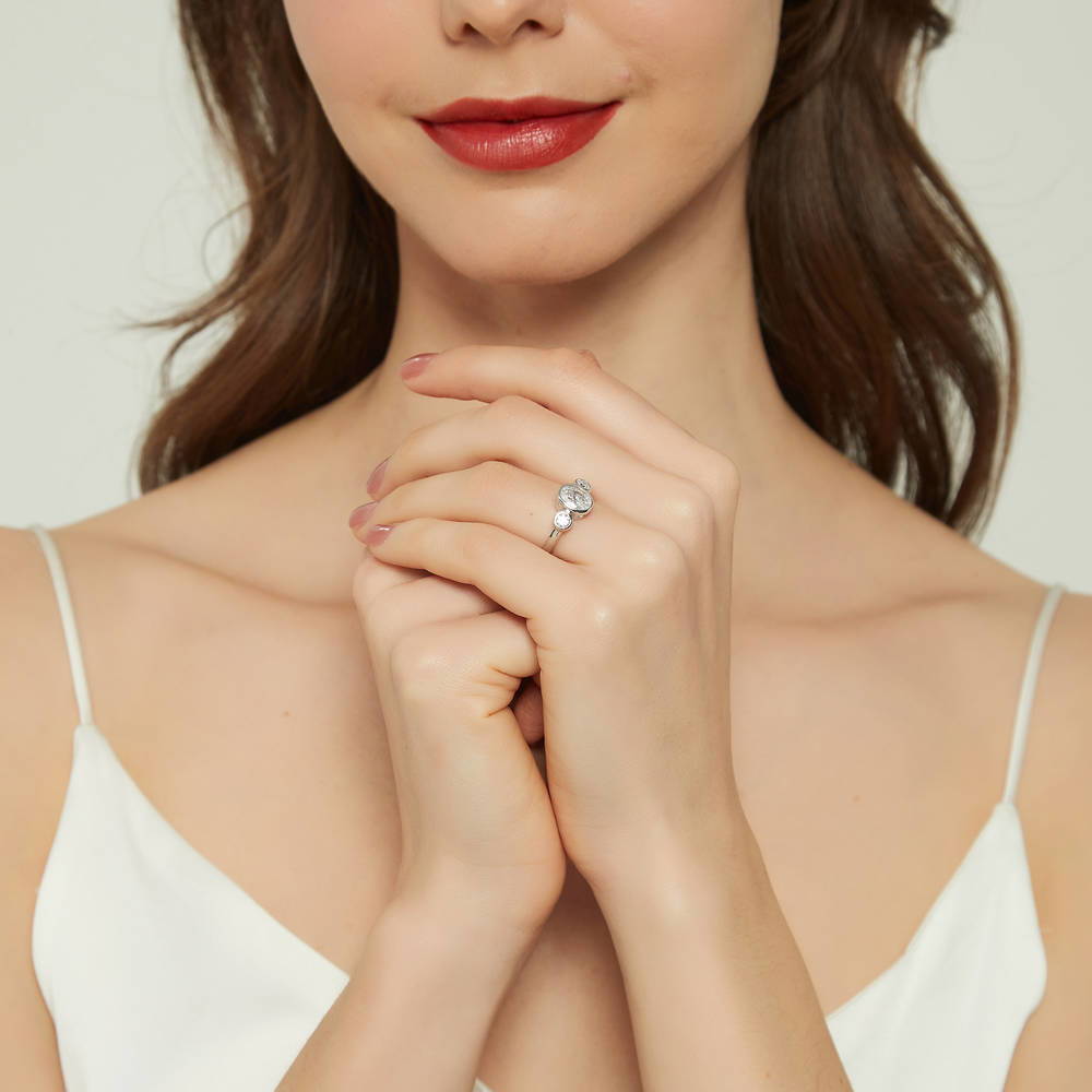 Model wearing 3-Stone 1.2ct Oval CZ Ring in Sterling Silver, 6 of 8