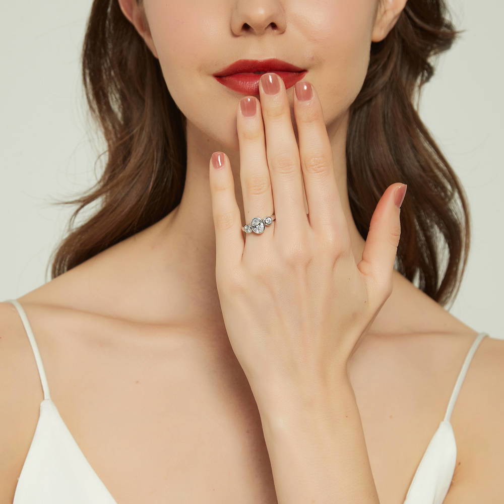 Model wearing 3-Stone 1.2ct Oval CZ Ring in Sterling Silver, 2 of 8