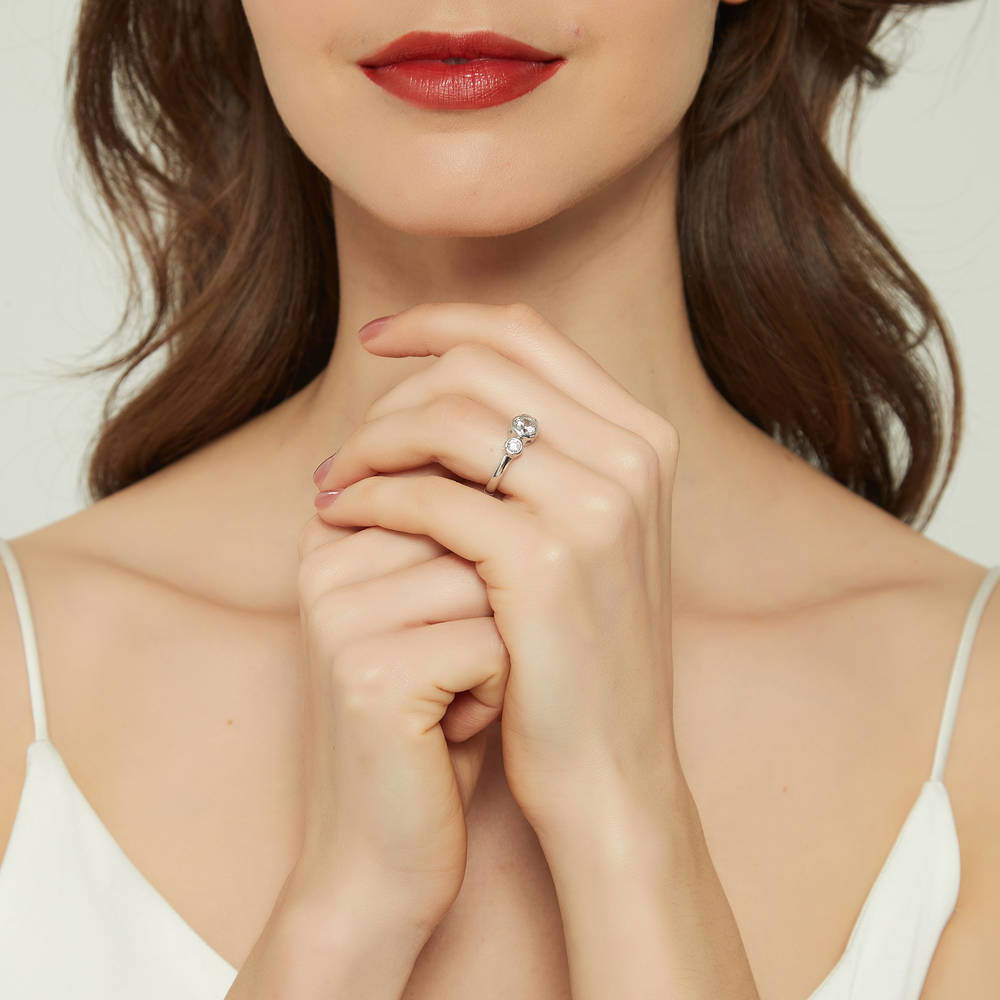 Model wearing 3-Stone 0.8ct CZ Ring in Sterling Silver, 6 of 8