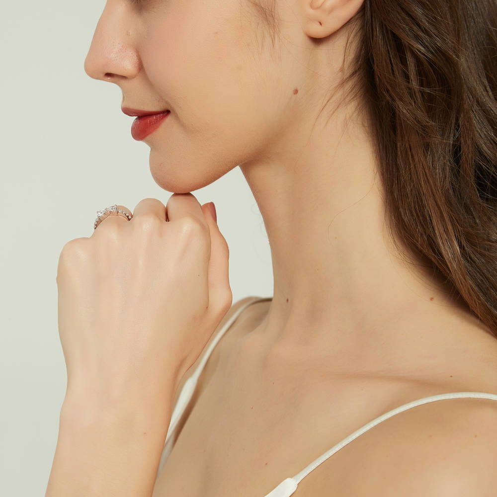 Model wearing Bow Tie Heart CZ Ring in Sterling Silver, 7 of 8