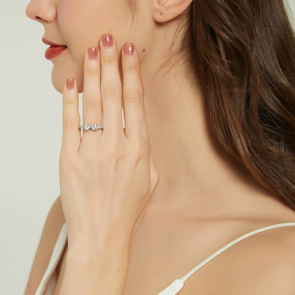 Model wearing Bow Tie Heart CZ Ring in Sterling Silver, 3 of 8