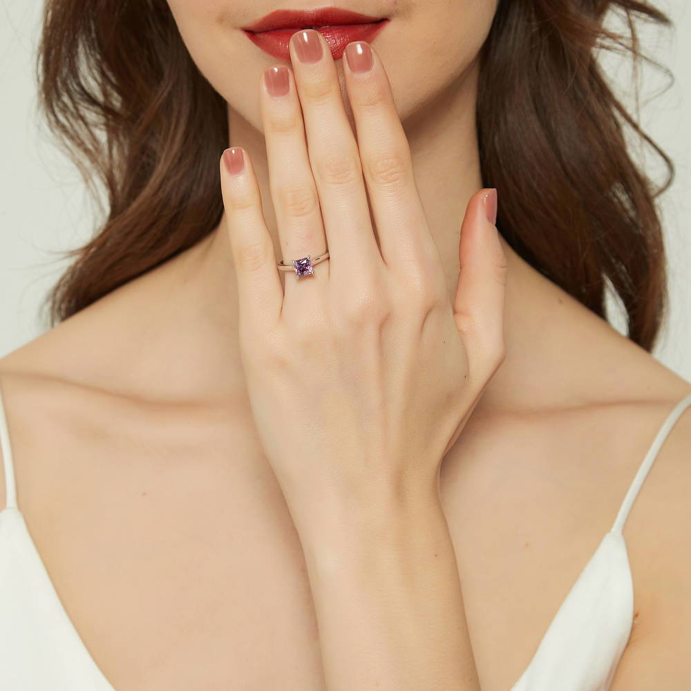 Solitaire Wishbone Purple Princess CZ Ring Set in Sterling Silver