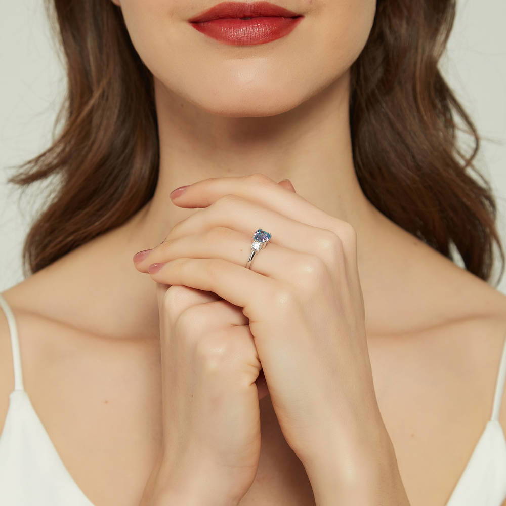 Model wearing 3-Stone Kaleidoscope 2ct Purple Aqua CZ Ring in Sterling Silver, 6 of 8