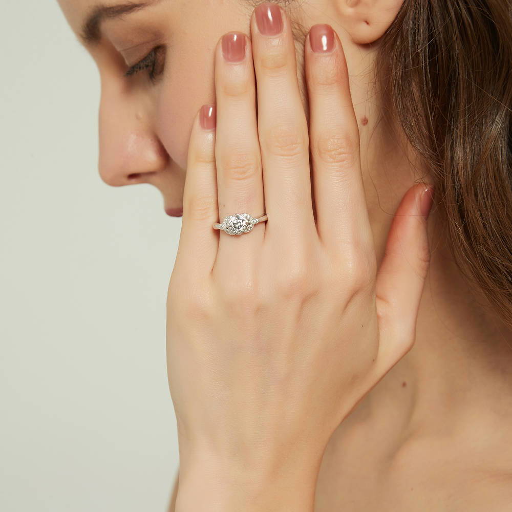 Model wearing Flower Solitaire 0.8ct CZ Ring in Sterling Silver, 3 of 9