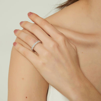 East-West Milgrain Bezel Oval CZ Eternity Ring in Sterling Silver