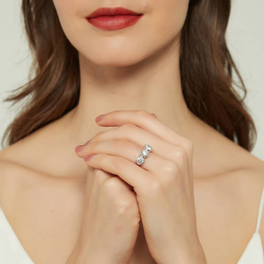 Model wearing 3-Stone 2.4ct CZ Ring in Sterling Silver, 7 of 9
