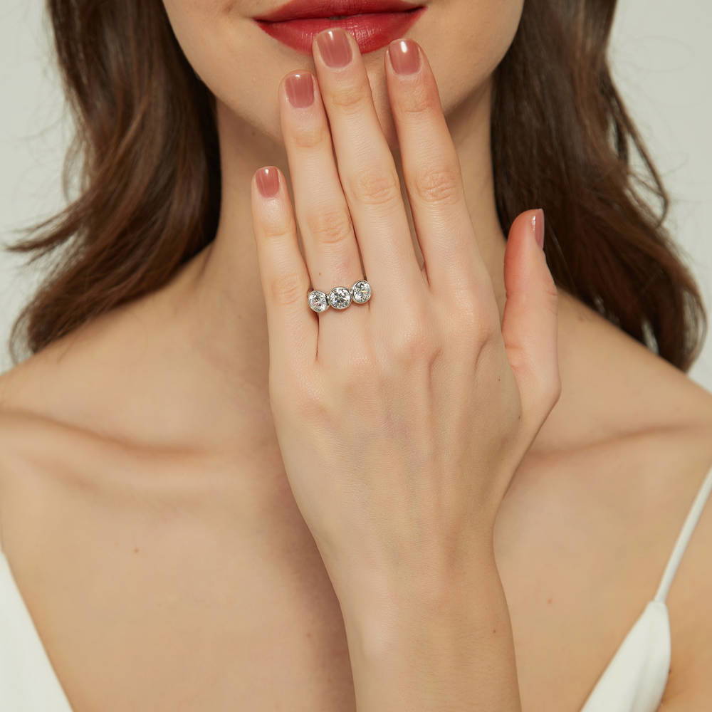 Model wearing 3-Stone 2.4ct CZ Ring in Sterling Silver, 2 of 9