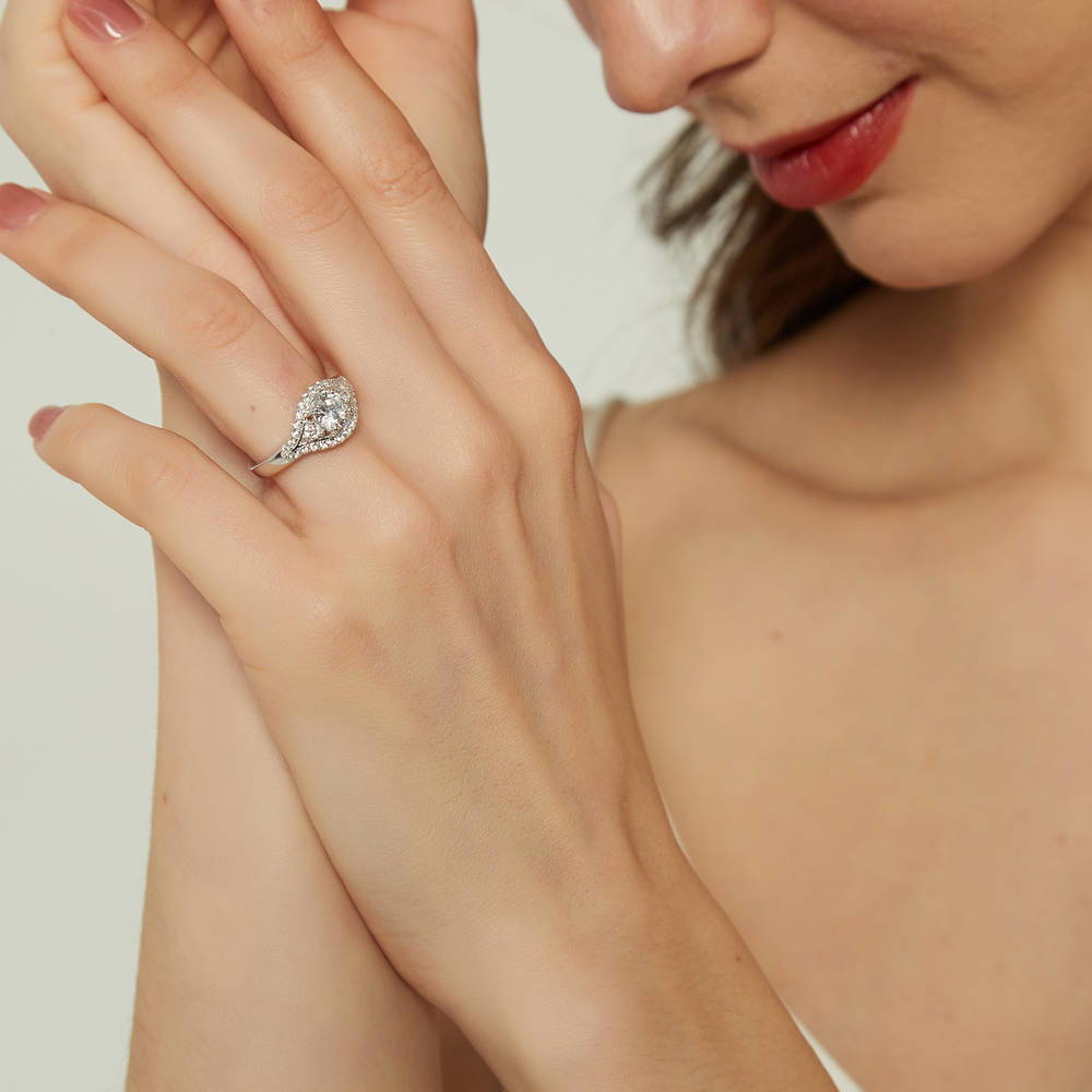Model wearing 3-Stone 0.8ct CZ Ring in Sterling Silver, 6 of 9