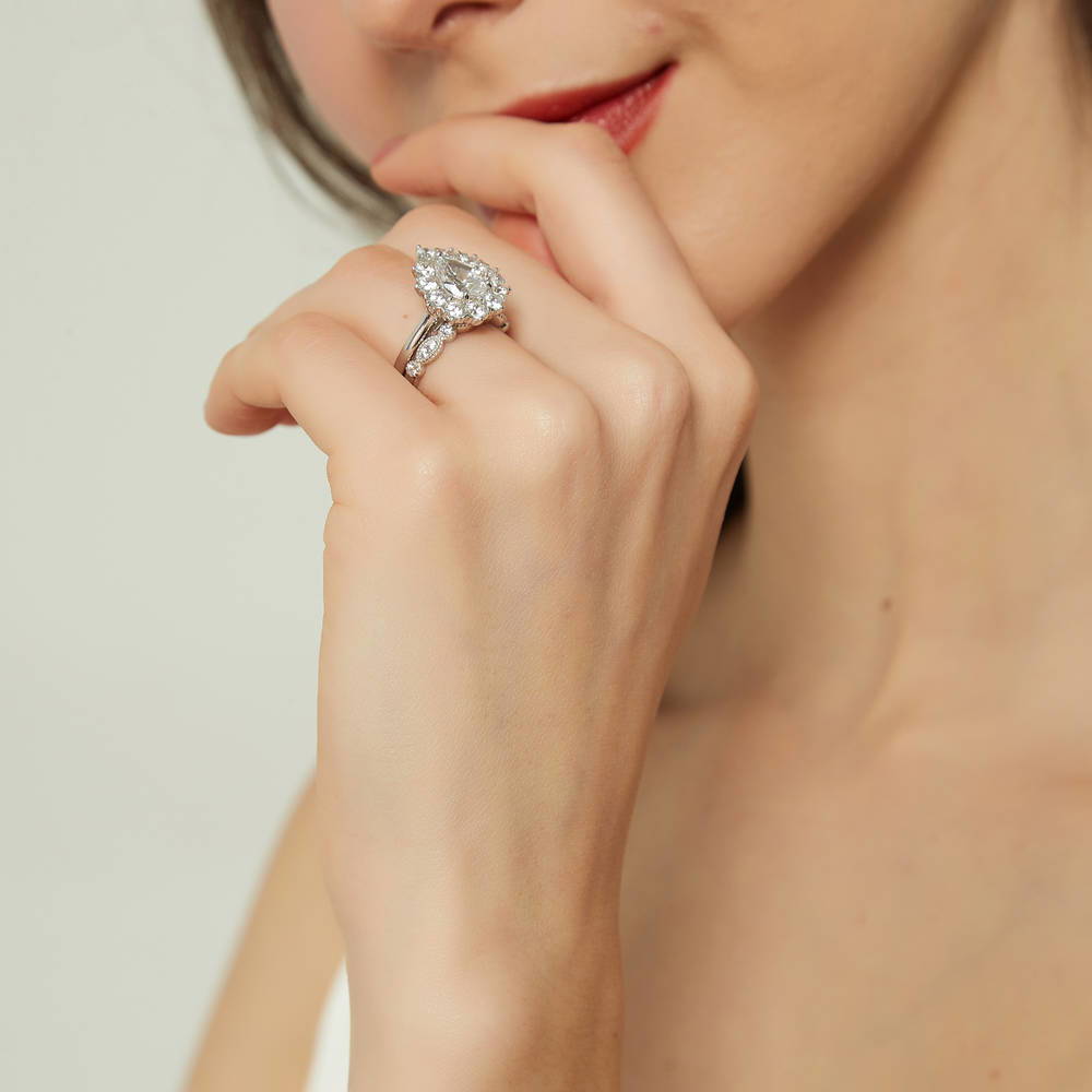 Model wearing Halo Milgrain Art Deco Pear CZ Ring Set in Sterling Silver, 6 of 19