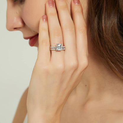 Solitaire Art Deco Emerald Cut CZ Ring Set in Sterling Silver