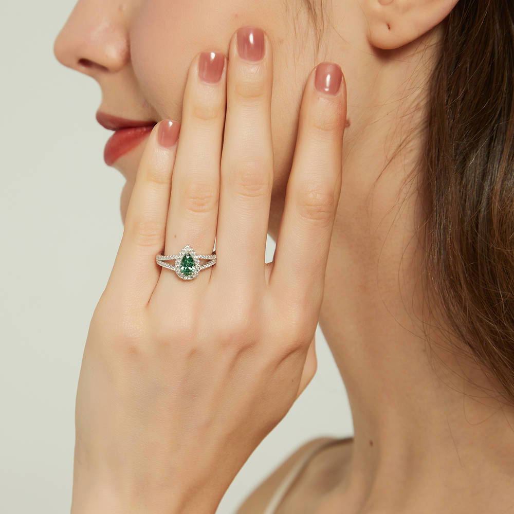 Model wearing Halo Wishbone Green CZ Split Shank Ring Set in Sterling Silver, 9 of 15