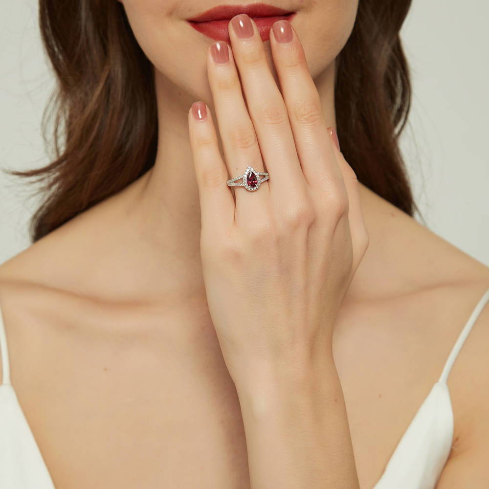 Model wearing Halo Wishbone Red Pear CZ Split Shank Ring Set in Sterling Silver, 9 of 15